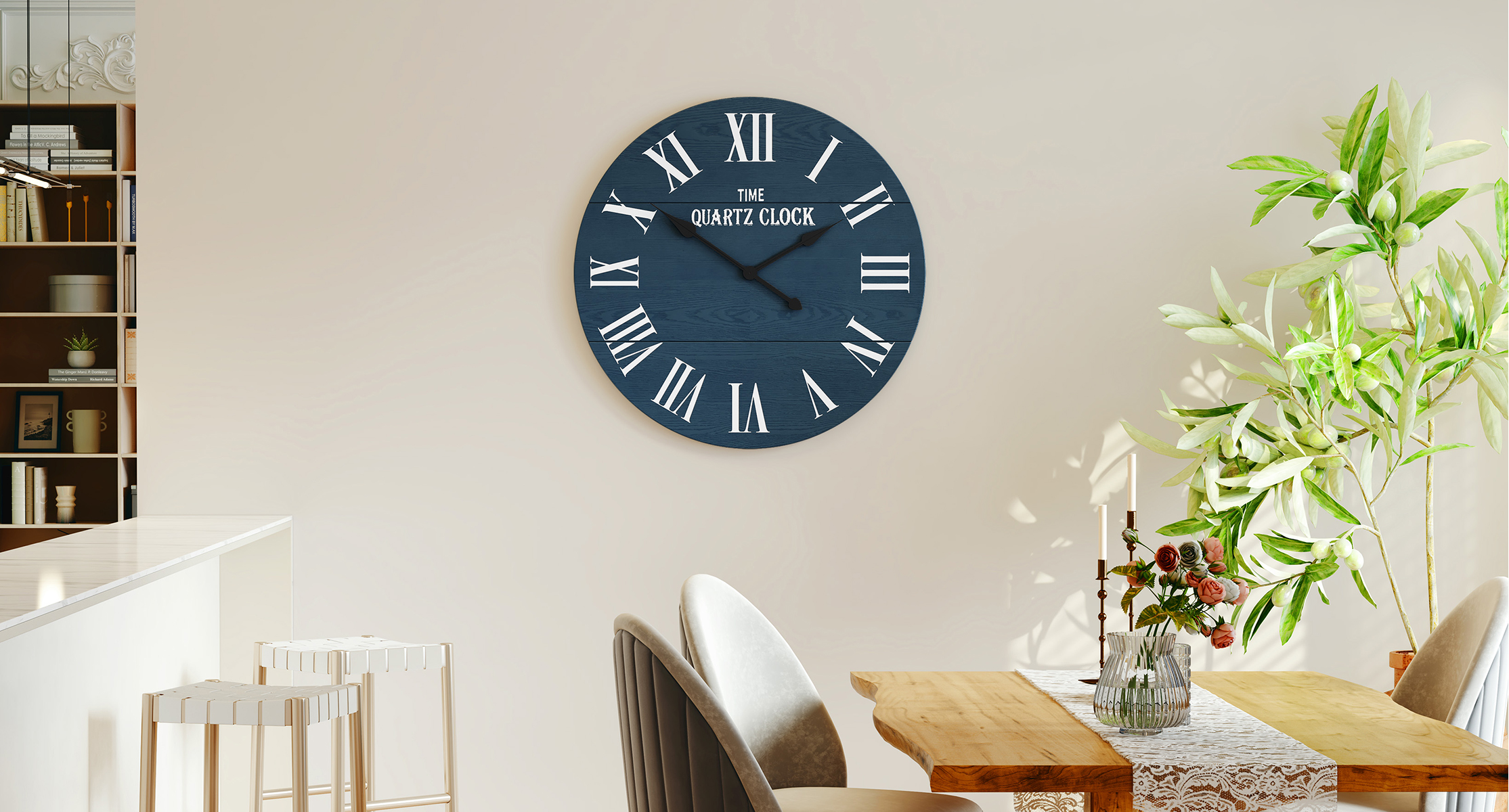 CBJCBJ 35.5” Farmhouse Large Shiplap Round Wall Clock with Roman Numeral for Living Room Decor, Blue