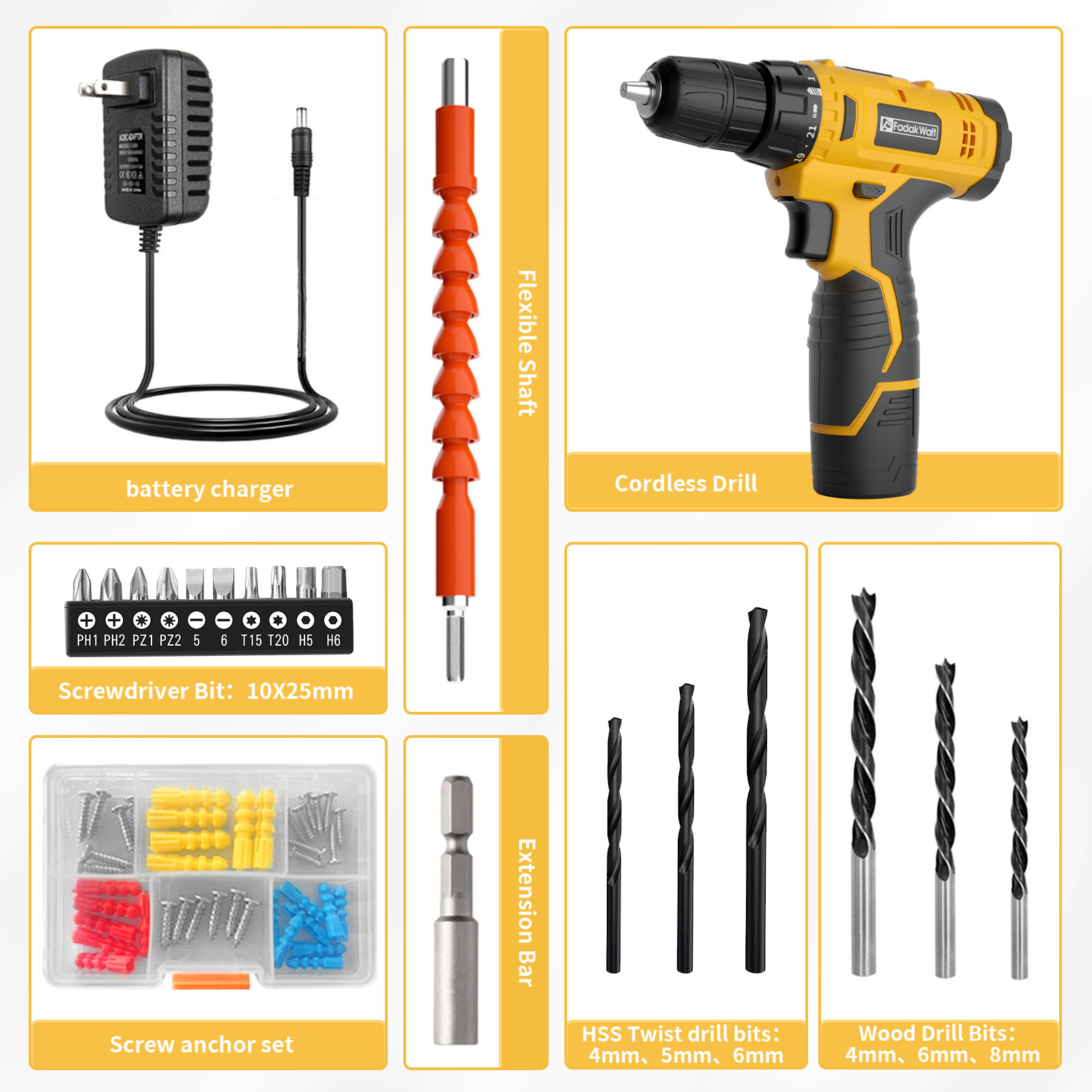 Fadakwalt 12V Cordless Drill Driver with Bits, Yellow photo 3