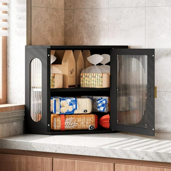 Corner Bread Box, Solid Wood Double Layer Adjustable Large Capacity, Farmhouse Vintage Kitchen Countertop Organizer with Acrylic Window, Black