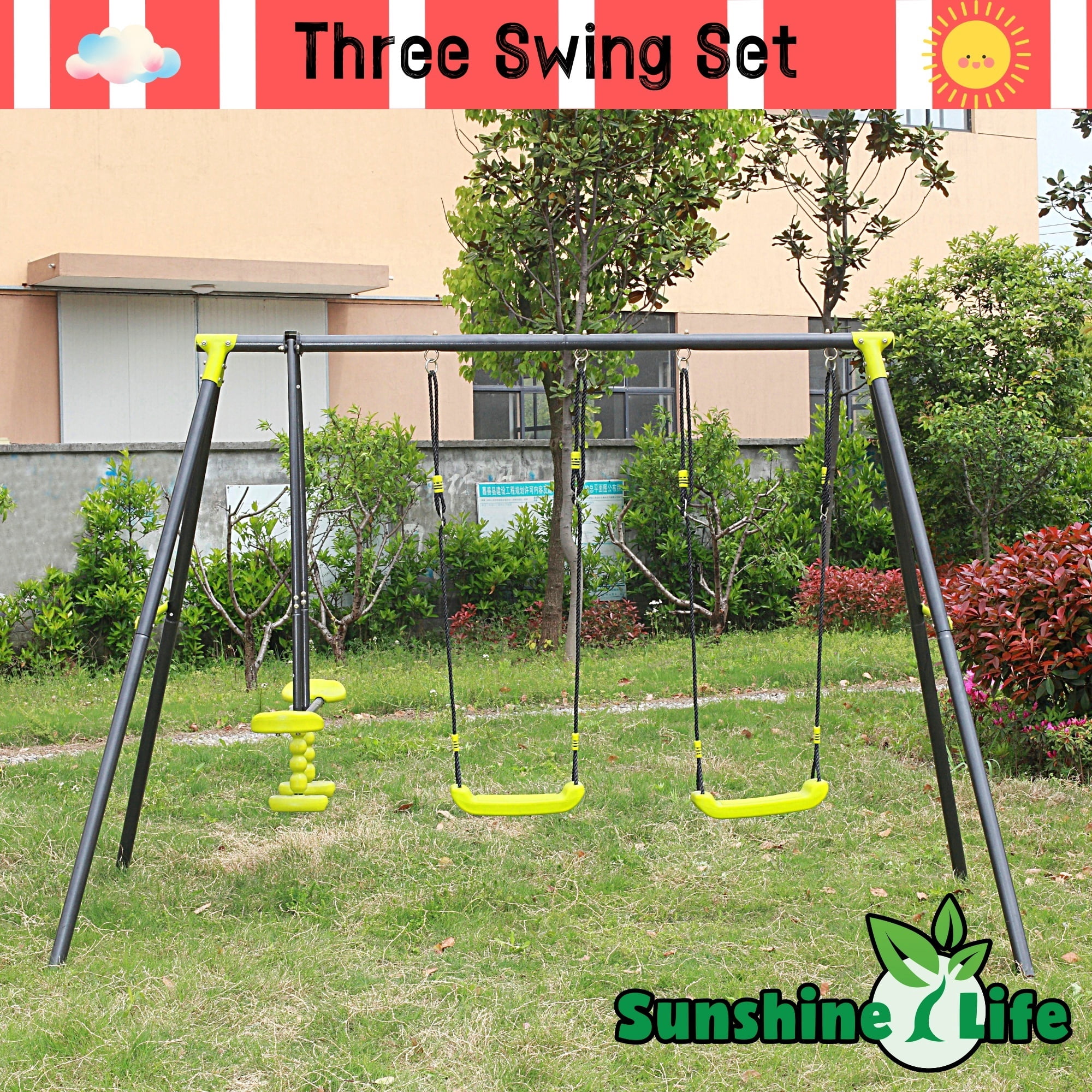 Alvantor Three Seat Swing Set with Face-to-Face Swing and Two Seats for Kids Indoor Outdoor Backyard Playground Easy Assembly Green