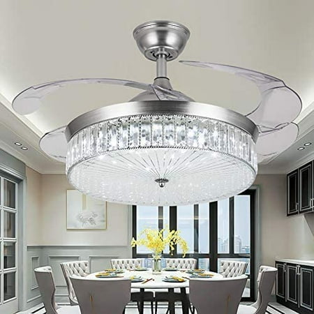 

EASYG 42 Crystal Lighting Retractable Acrylic Blades Ceiling Fixture Fan with Light Silver LED Chandelier Remote Control 3 Speeds 3 Color Changes
