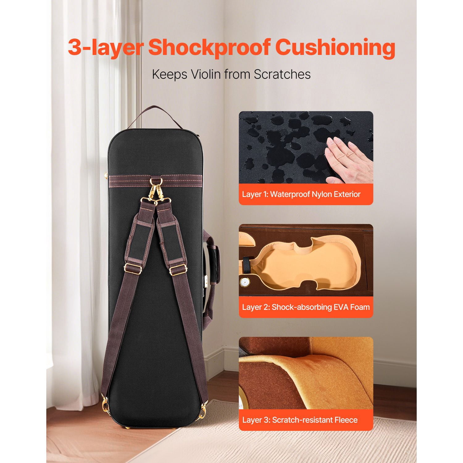 4/4 Full Size Violin Case, Built-in Hygrometer, Lightweight Portable Travel Carrying Bag, with Plush Lining, Shoulder Straps, Anti-Scratch, Professional Oblong Shape, for Violin, Black