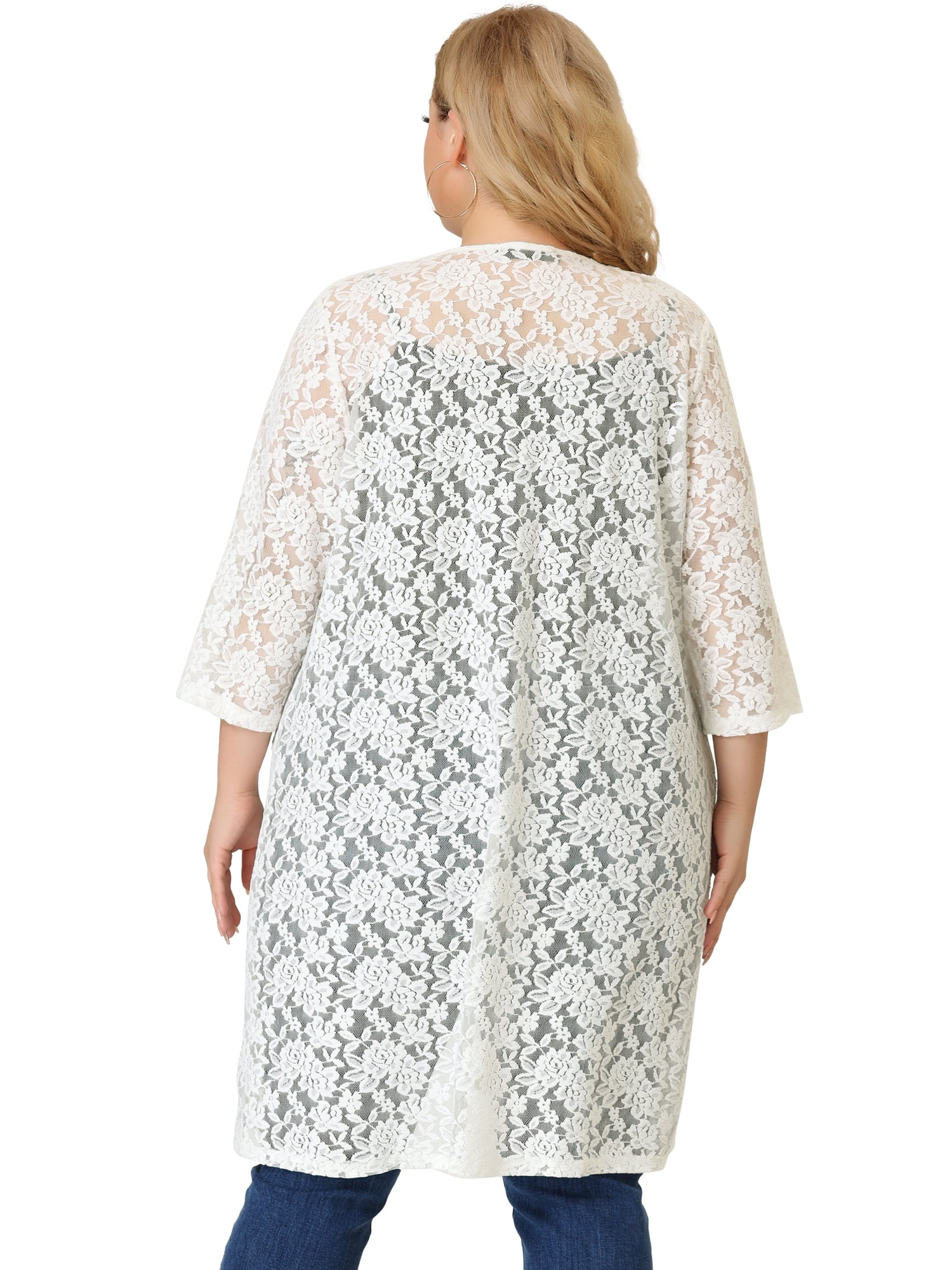 DARING DIVA Women's Plus Size Lace Crochet 3/4 Sleeve Cover Up Jacket 6X White