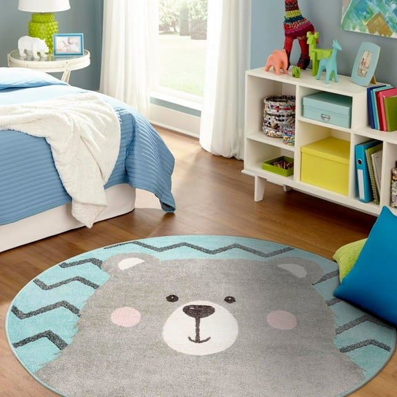 Unique Loom Whimsy Kids Collection Area Rug - Bear (5' 3" Round Blue/Ivory) Perfect For Kids Bed Room/Nursery Room/Living Room/Class Room/Play Room