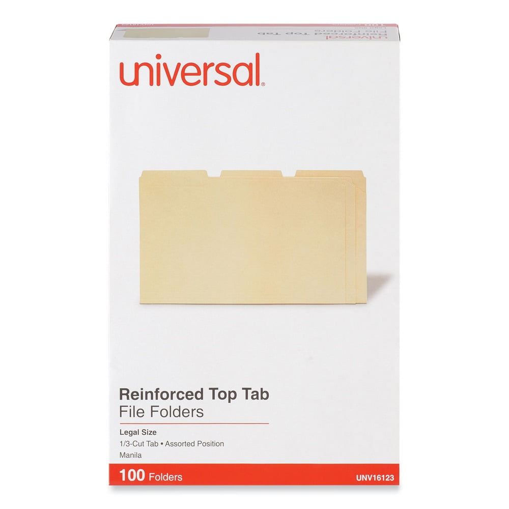 Universal UNV16123EE 2-Ply 1/3-Cut Assorted Top Tab File Folders - Legal Size, Manila (100/Box)