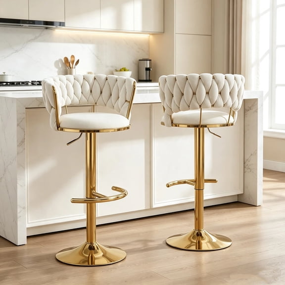 Lessmore Adjustable Swivel Bar Stools Set of 2 with Woven Velvet Curved Back Counter Height Bar Chair, Modern Luxury Upholstered Barstool,beige