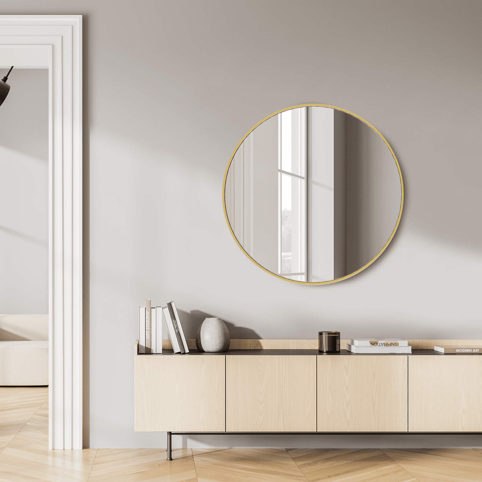 MAYEERTY 30" Round Wall Mirror - Aluminum Frame, Suitable for Vanity, Bathroom & Living Room, Gold