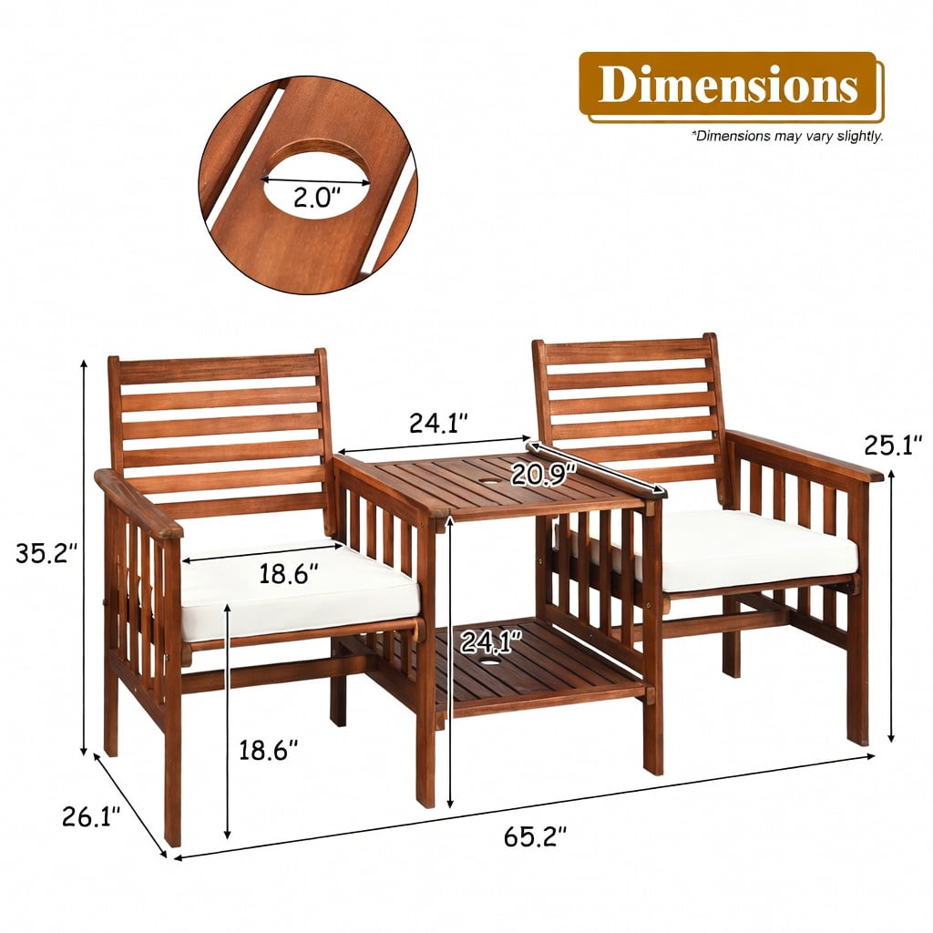 Hommoo 3-Piece Acacia Wood Outdoor Patio Furniture Set, Loveseat with Cushions & Umbrella Hole Coffee Table, White