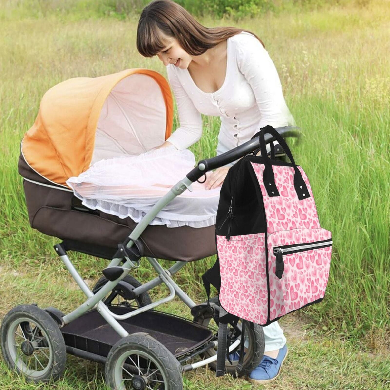 Fuzoiu pink heart Print Diaper Bag Backpack,Baby Essentials Travel Tote,Multi function Waterproof Diaper Bag, Travel Essentials Baby Bag - Unisex