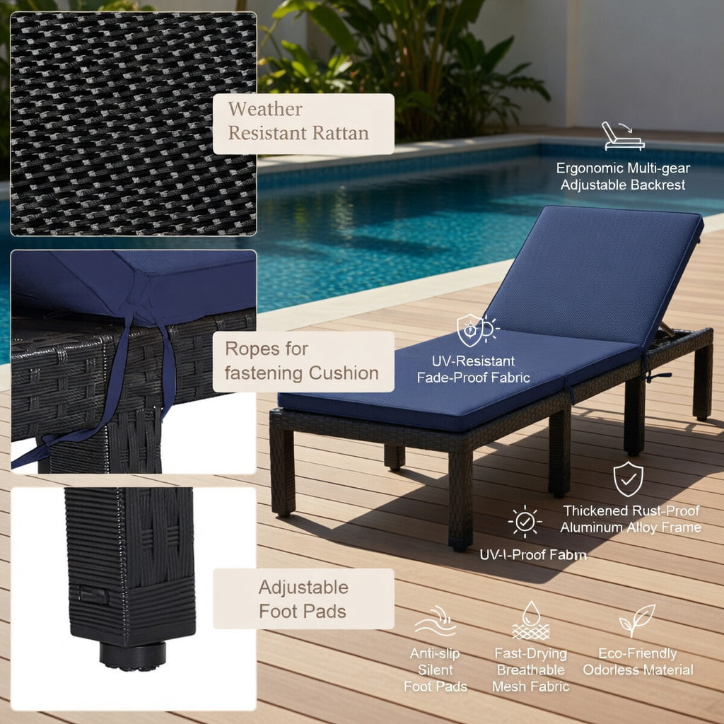 Hommoo Adjustable Height Outdoor Rattan Lounge Chair with Cushion, PE Wicker Patio Chair for Poolside, Garden & Porch, Navy & Off-White