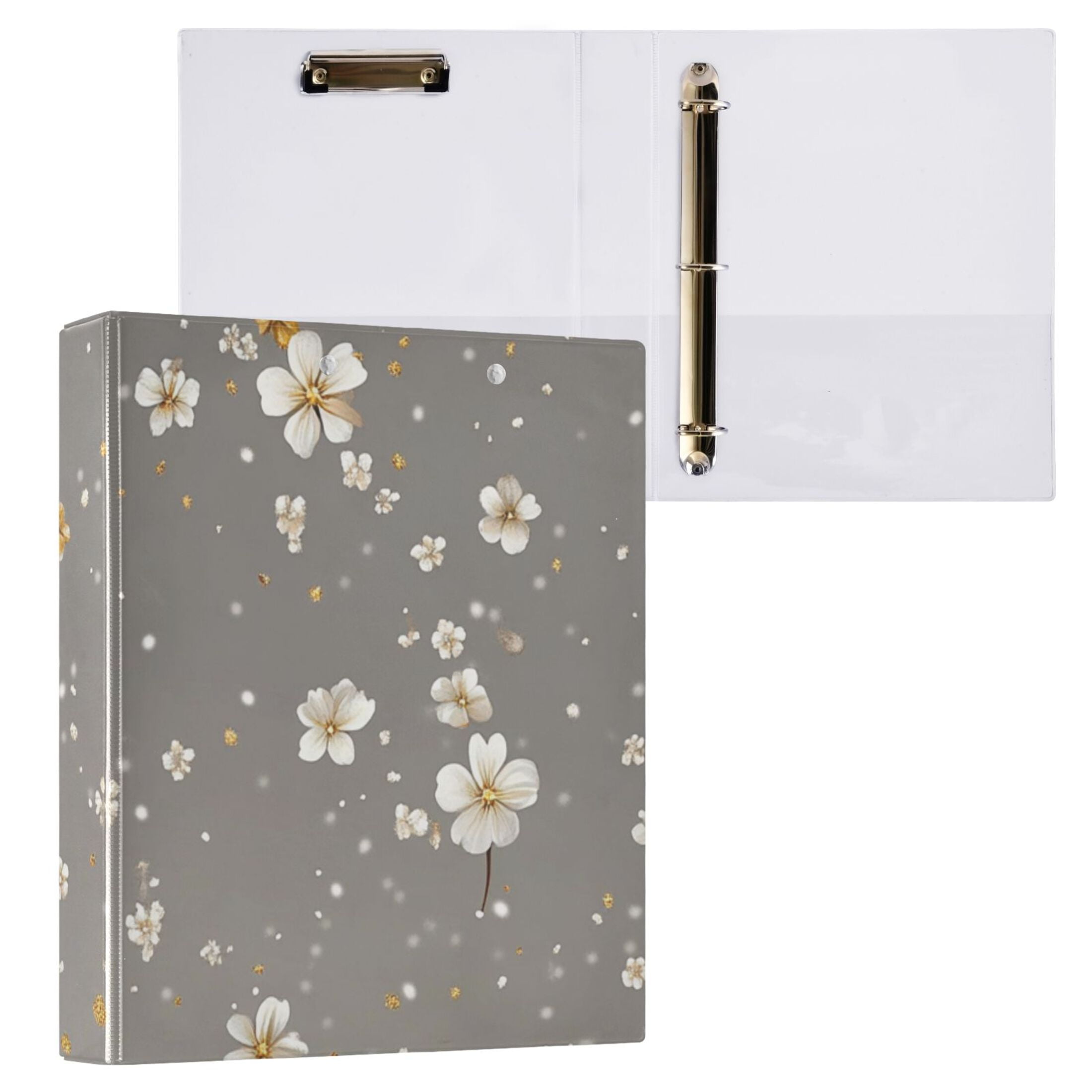 White Flowers in Gray 3 Ring Binders 1.5 inch Hardcover File Folders with Interior Pockets A4 Size Organizer for School Office Hospital