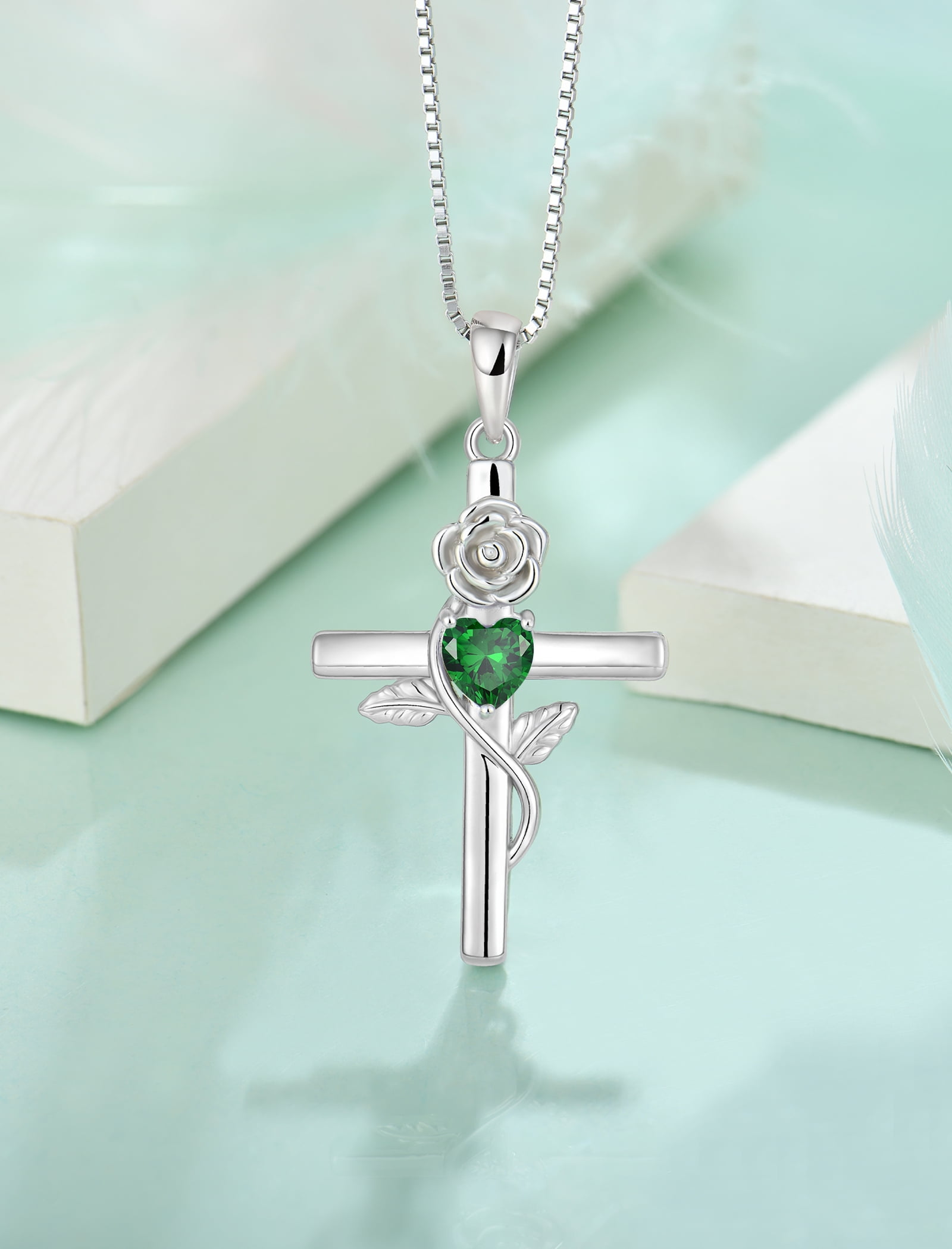 VESITIM Cross Pendant Necklace Sterling Silver Infinite Rose Flower Necklace Women Faith Jewelry Gift with May Birthstone Created Emerald