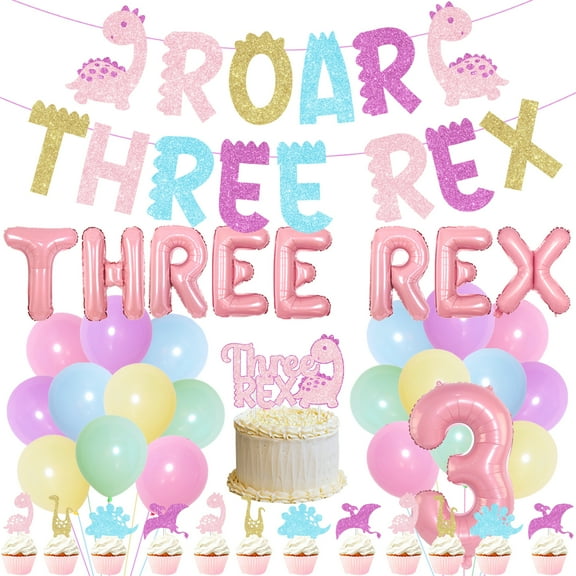 Pink Cute Dinosaur 3rd Birthday Party Decorations with ROAR THREE REX Glitter Banner, Macarone Dinosaur Cupcake Toppers and Number 3 Foil Balloons for Three Years Old Girls Birthday Party Supplies