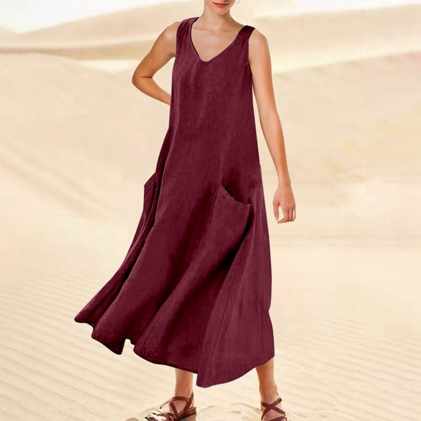 WILLBEST Vestido Corto De Verano Para Mujer, Color Liso, Sin Mangas, Cuello En V, Elegante, Holgado, Informal, Largo, Con Bolsillos, Cómodo Y Elegante Para Uso Diario.