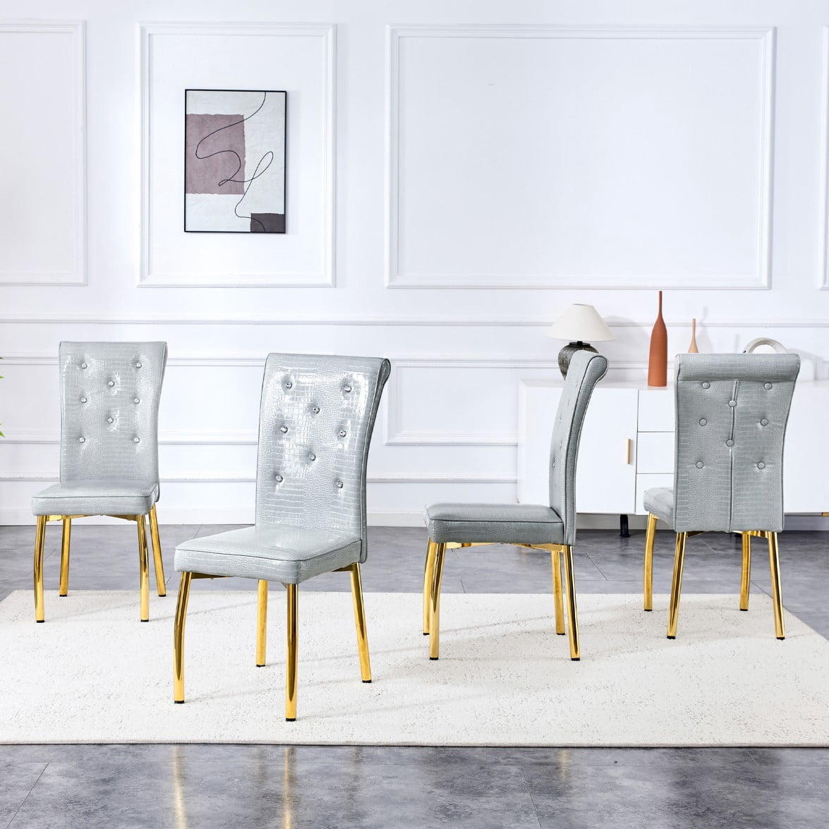 Set of 4 Vintage Dining Chairs, Gray Faux Alligator-Textured PVC Leather Upholstered Chairs with Crystal Button Details & Gold Metal Legs, 400 LBS, Gray & Gold