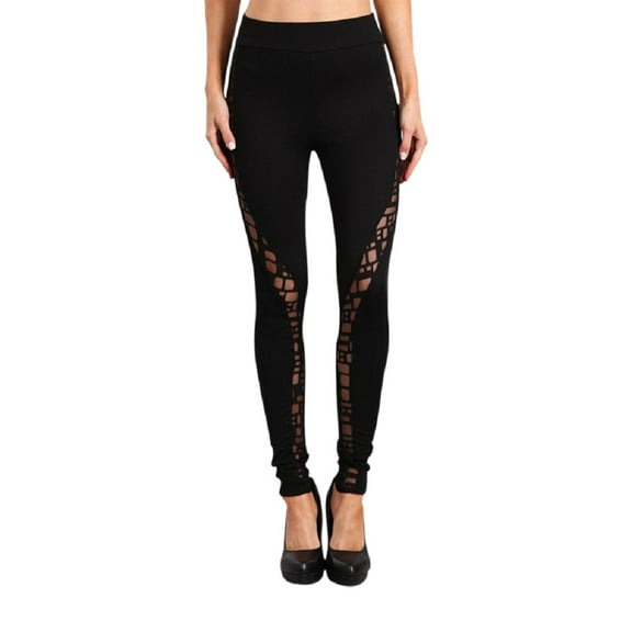 2Chique Boutique Women's Black High Waisted Leggings with Geometric Printed Mesh Panels (small)