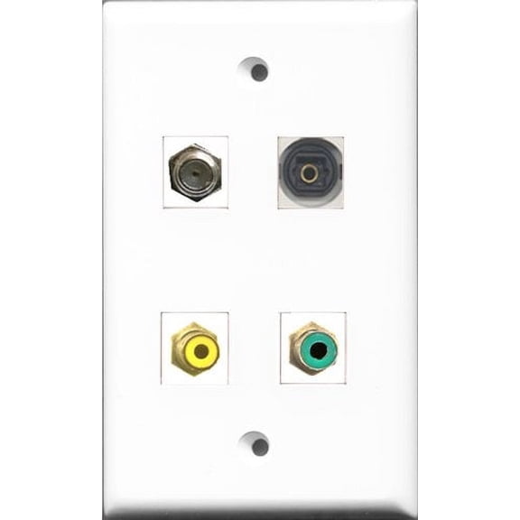 RiteAV 1 Port RCA Yellow and 1 Port RCA Green and 1 Port Coax Cable TV- F-Type and 1 Port Toslink Wall Plate