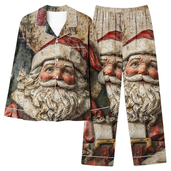 asdoklhq Warm Pajamas for Women Set Fashion Women's Christmas Printed Long Sleeve Lapel Button Pocket Elastic Waist Pants Pajamas Set Red M