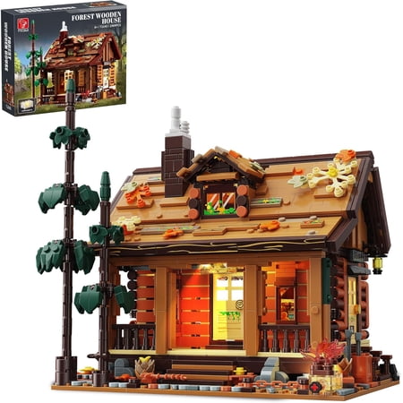 Wood Cabin Building Blocks Set with LED Lights, Autumn House Building Toys, Log Cabin Construction Kits, Stem Forest Treehouse,(1969Pcs)