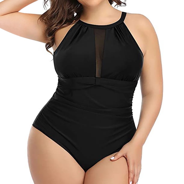 Gibobby Bañador de una pieza Moda femenina suelta transpirable Sexy siamés conservador encaje plisado de talla grande(Negro,XL)