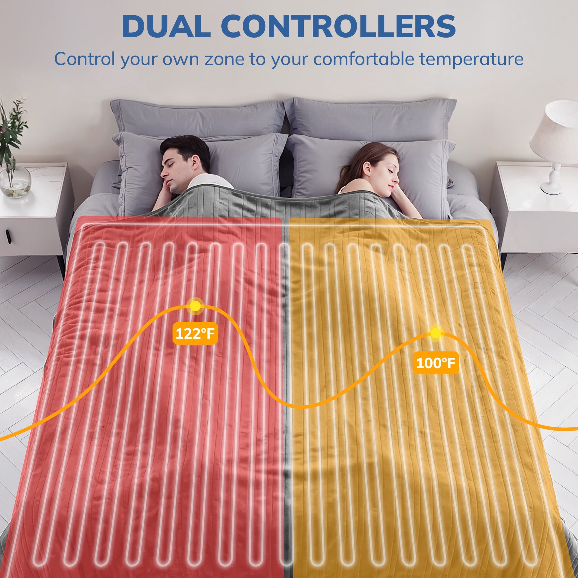 Keenstone Double-sided Flannel Electric Heated Blanket Queen Size Dual Control, 84"x90" Machine Washable Fast Heating Blanket with 6 Heating Levels &10 Hours Auto Off,Blue