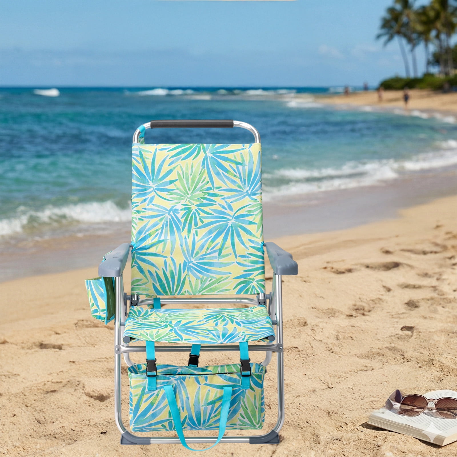 17" High Seat Folding Beach Chair, 7 Position Adjustable Recline Lounge Chair with Padded Headrest, Aluminum Frame Supports 265lbs with Cup Holder Side Pocket & Detachable Storage Tote
