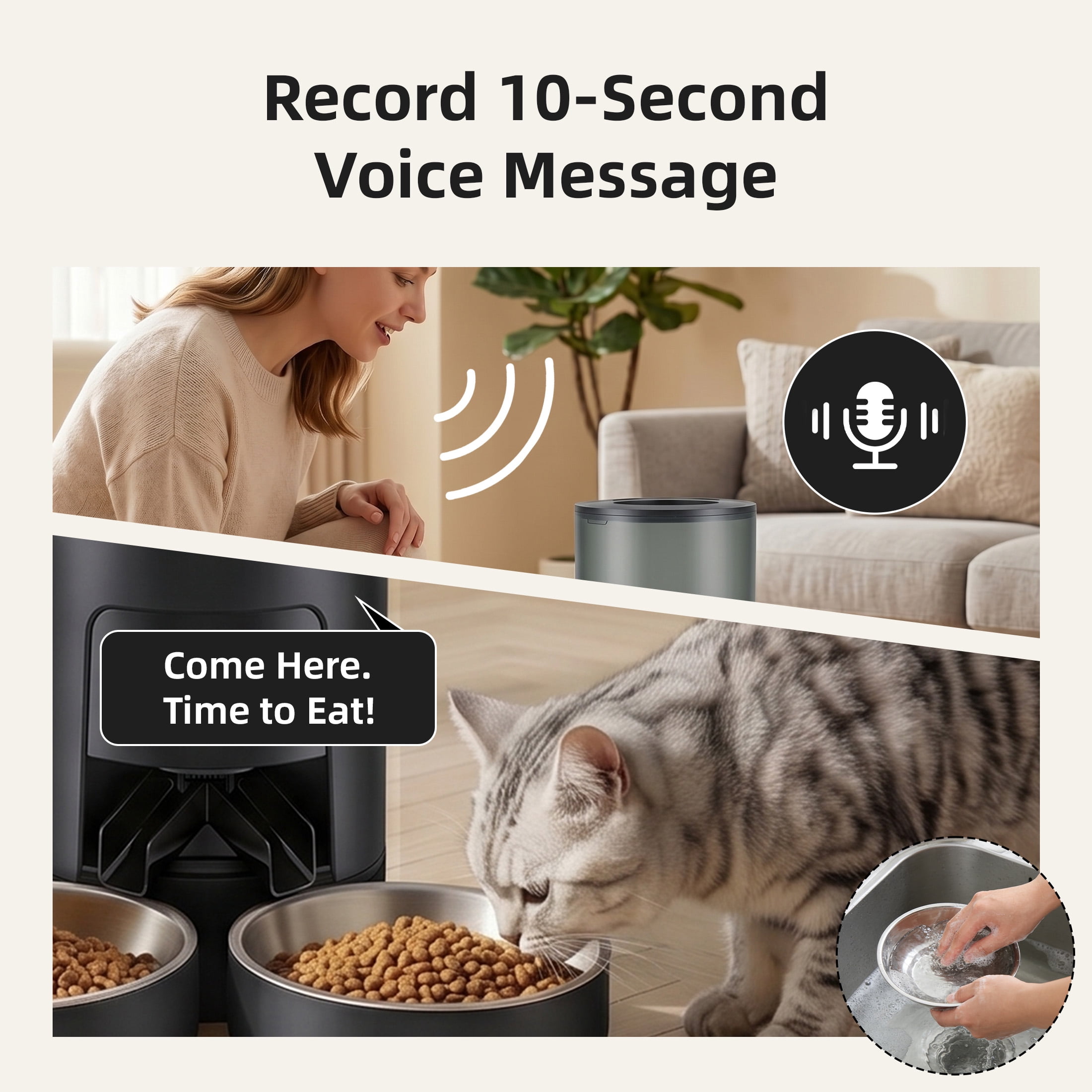 EDX 6L Automatic Cat Feeder for 2 Cats, Timed Cat Food Dispenser with 2 Stainless Steel Bowls, 10s Voice Recorder & Dual Power, Pet Feeder for Cats & Dogs, Black