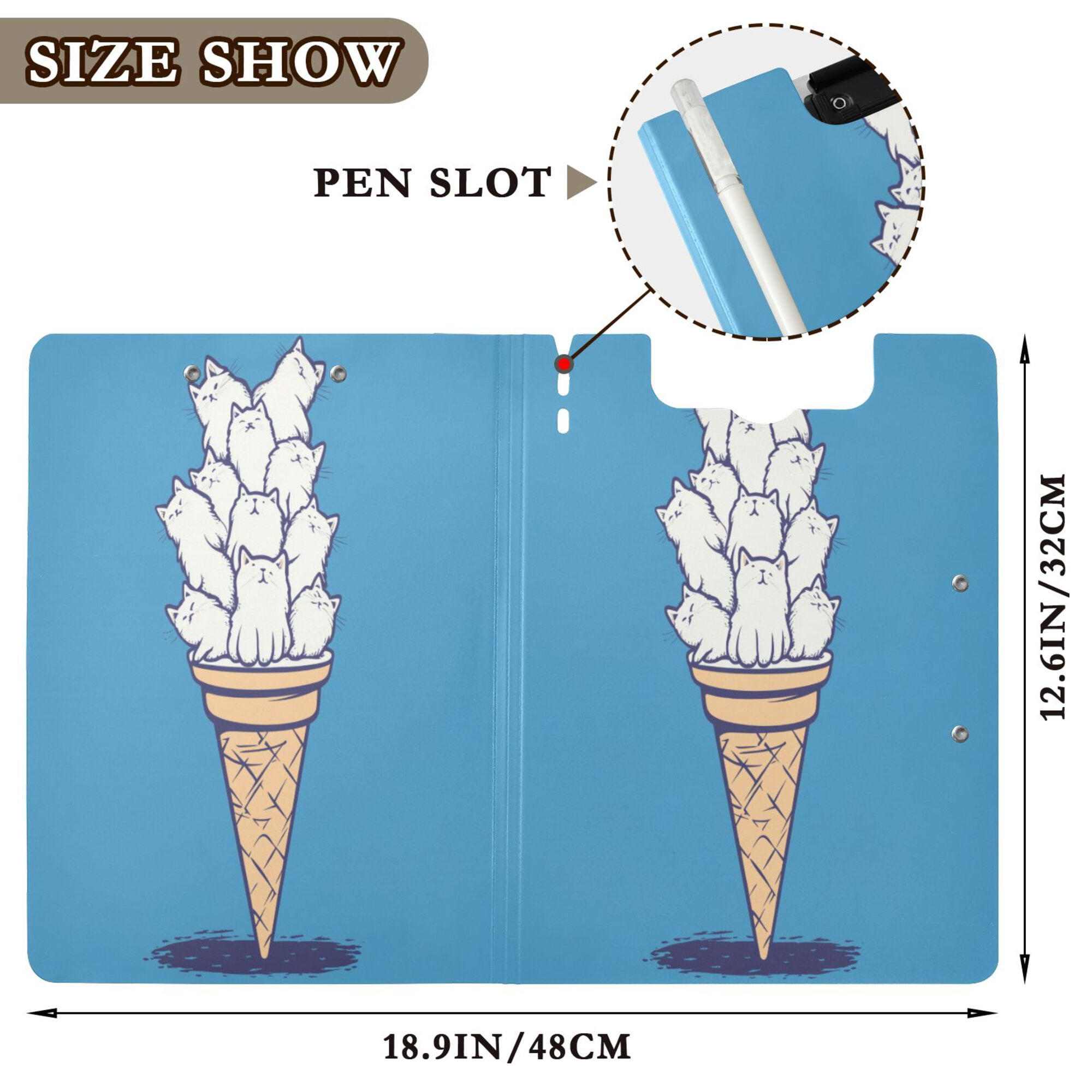 FORMRS A4 Clipboard Folder with Pen Holder Horizontal Foldable School Office Binder, Ice Cream Cat