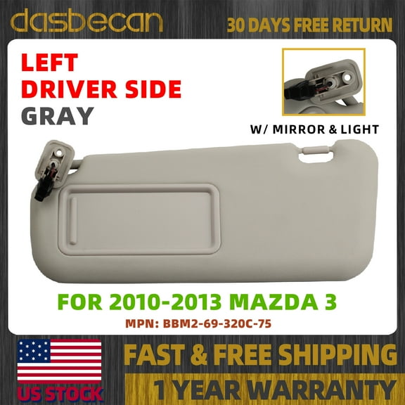 Dasbecan Gray Left Driver Side Sun Visor w/ Lights For Mazda 3 2010-2013 BBM2-69-320C-75
