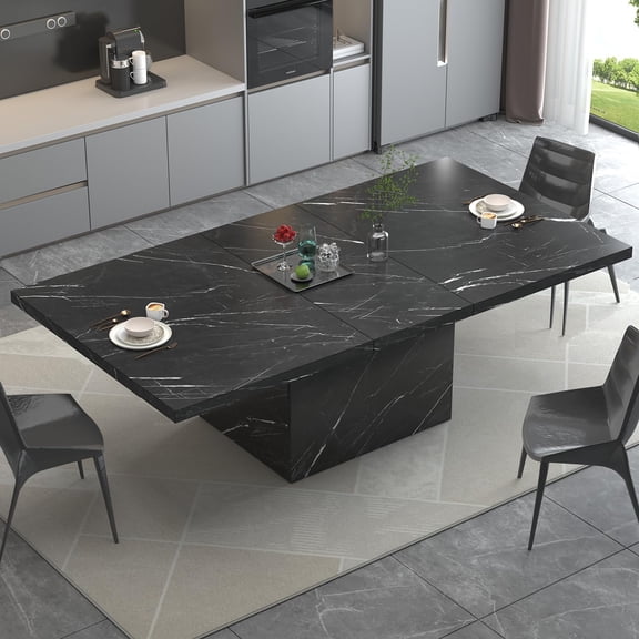 HSH 78” Black Dining Table for 6 to 8, Rectangle Large Faux Marble Dinner Table, Modern Dining Room Table for Living Room Office,  Wood Kitchen Table only with Sturdy Base, Black, 78.74 Inch