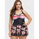 thumbnail image 2 of Más el tamaño de impresión de la flor Halter Swimdress cinchado Rosegal Camisetas sin mangas de talla grande, 2 of 5