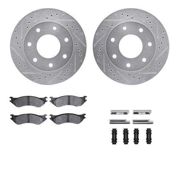 Dynamic Friction Company Front Brake Rotors-Drilled and Slotted-Silver with Ultimate Duty Performance Brake Pads includes Hardware 7412-54038