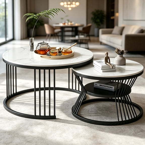 Multi Function Nesting Coffee Table White Marble Surface Black Metal Frame Round Pair Table For Small Living Space
