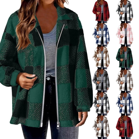 Admvng Womens Jacket Zipper Plaid Cardigan Tops Coats Plush Fleece Jacket Hooded Winter Coat, Size S-5XL