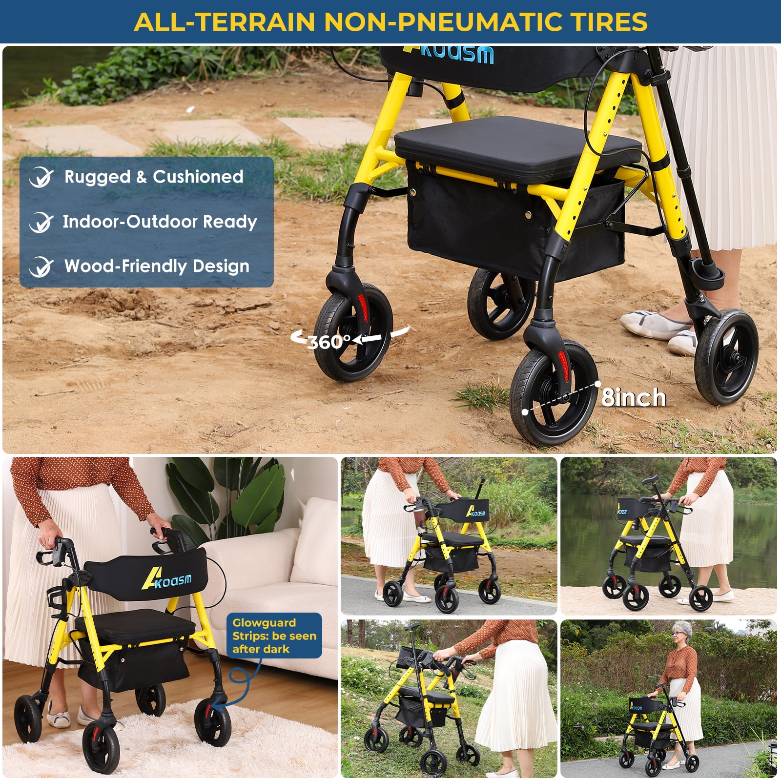 Lightweight Foldable Rollator Walkers for Seniors with Seat - Adult Rolling Walker with Seat and Brakes, 300 lb Capacity, All Terrain 8" Big Roller Wheels, Adjustable Handles and Seat Height, Yellow