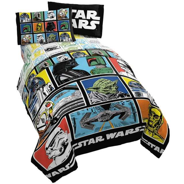 Star Wars Classic Grid 4 Piece Twin Bed Set - Includes Reversible Comforter & Sheet Set - Bedding Features Luke Skywalker - Super Soft Fade Resistant Microfiber (Official Star Wars Product)