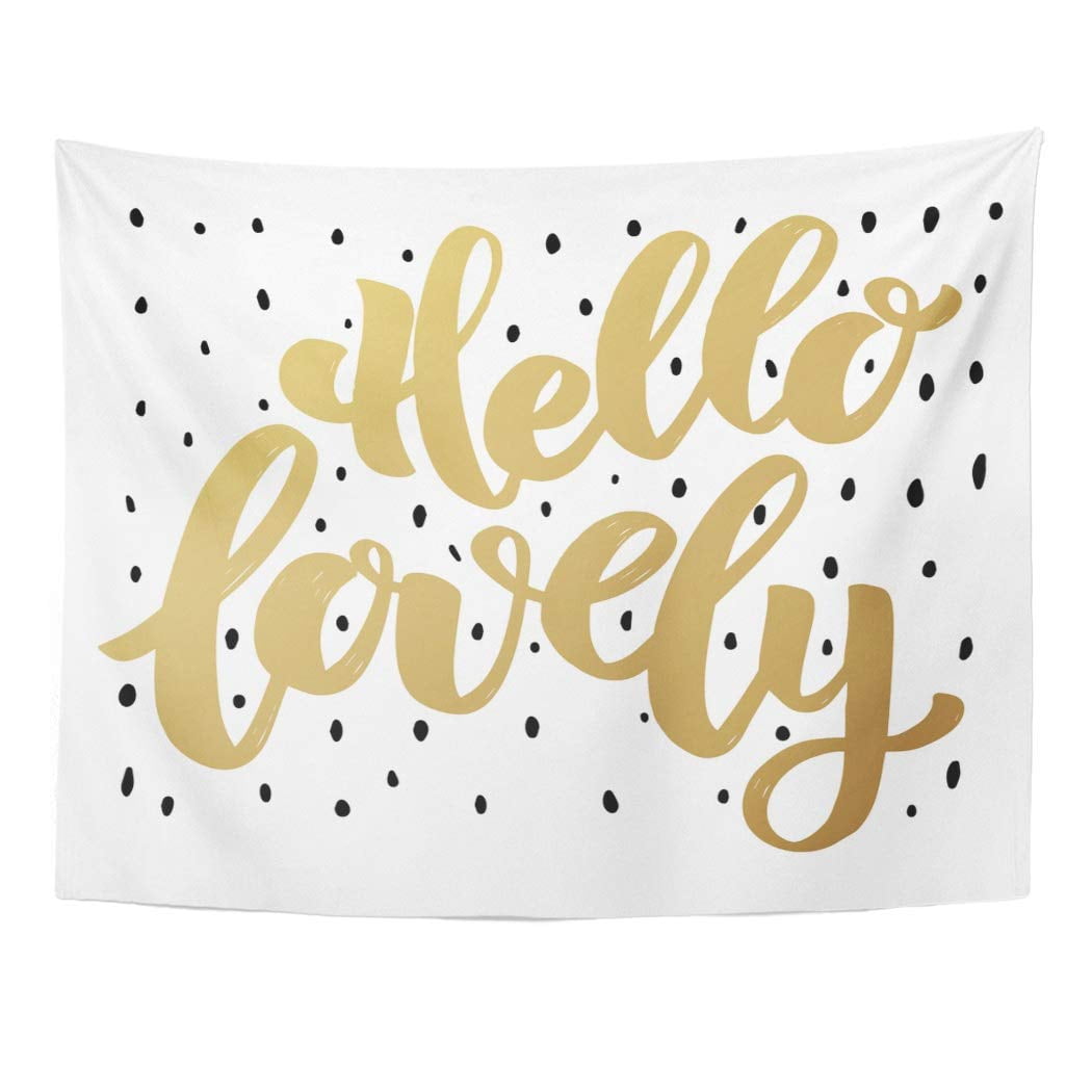 ZEALGNED Artistic Hello Lovely Lettering Phrase in Golden for Black Brush Cursive Wall Art