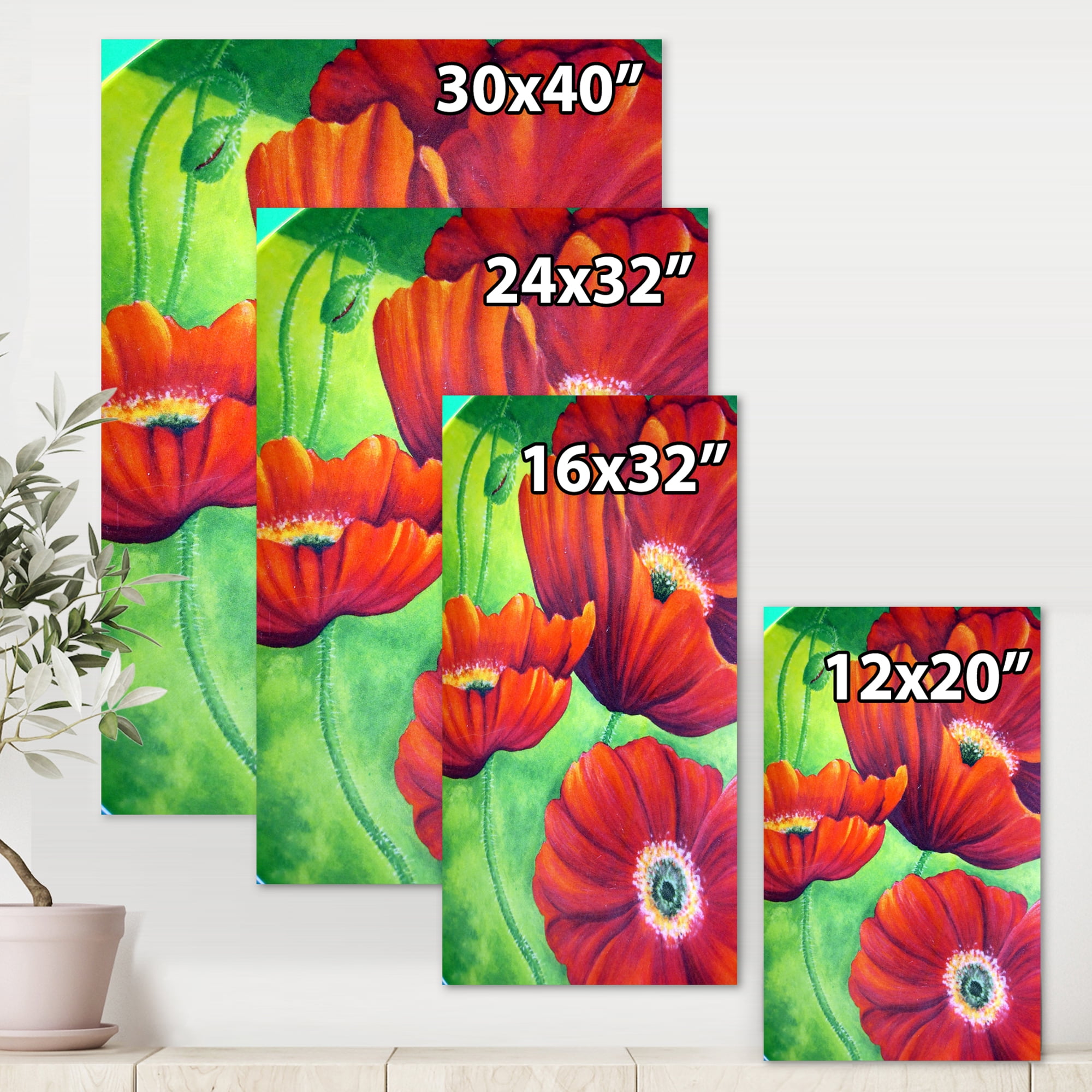 Red Blossoming Poppies Over Wild Green V 12 in x 8 in Painting Canvas Art Print, by Designart