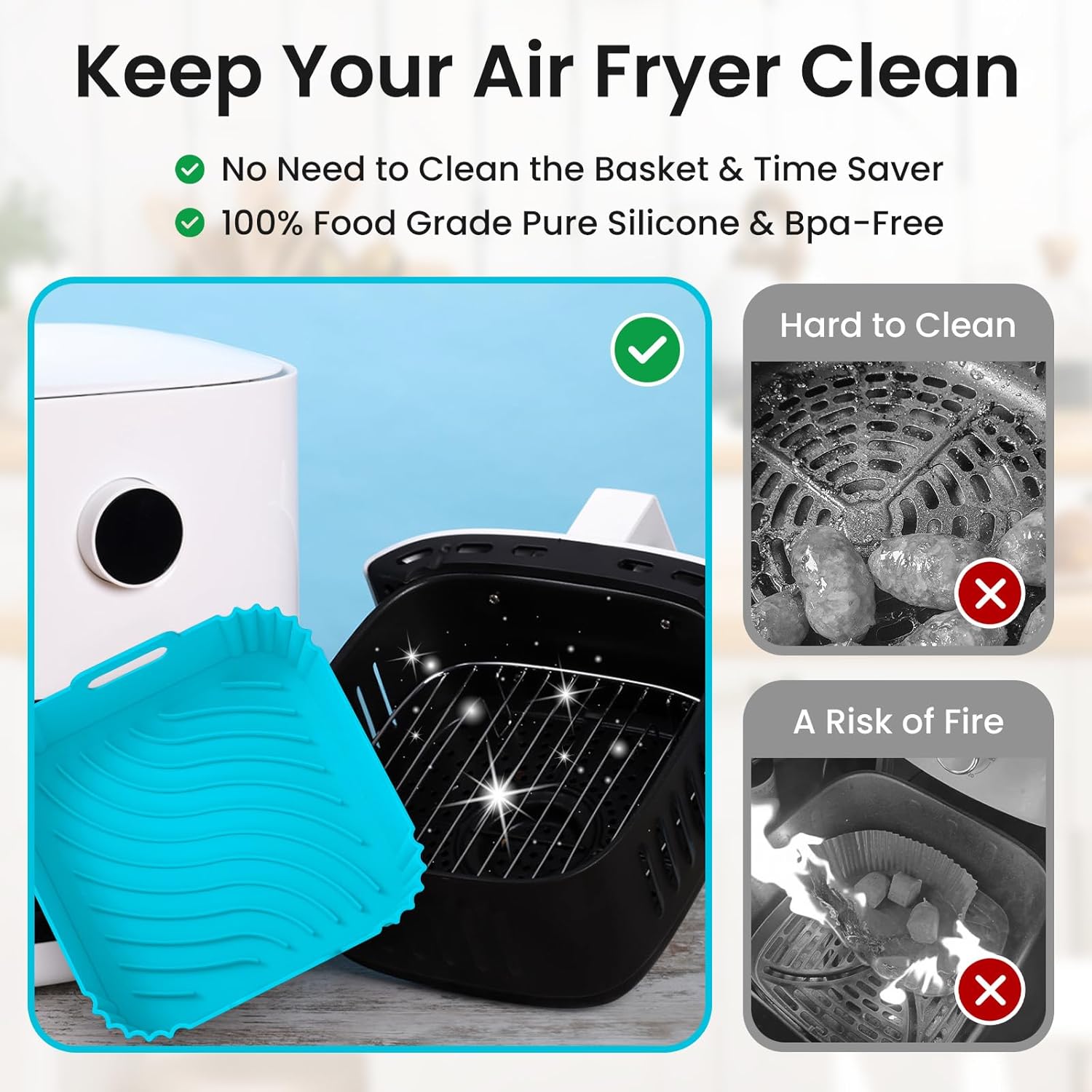 Air Fryer Silicone Liners, Square Airfryer Liners, Silicone Air Fryer Liners Reusable for 4-6 QT, Air Fryer Accessories Replacement for Parchment, Airfryer Liners Silicone