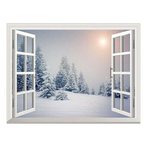 wall26 Removable Wall Sticker/Wall Mural - Pine Trees Covered by White Snow Out of The Open Window Wall Decorr - 36"x48"