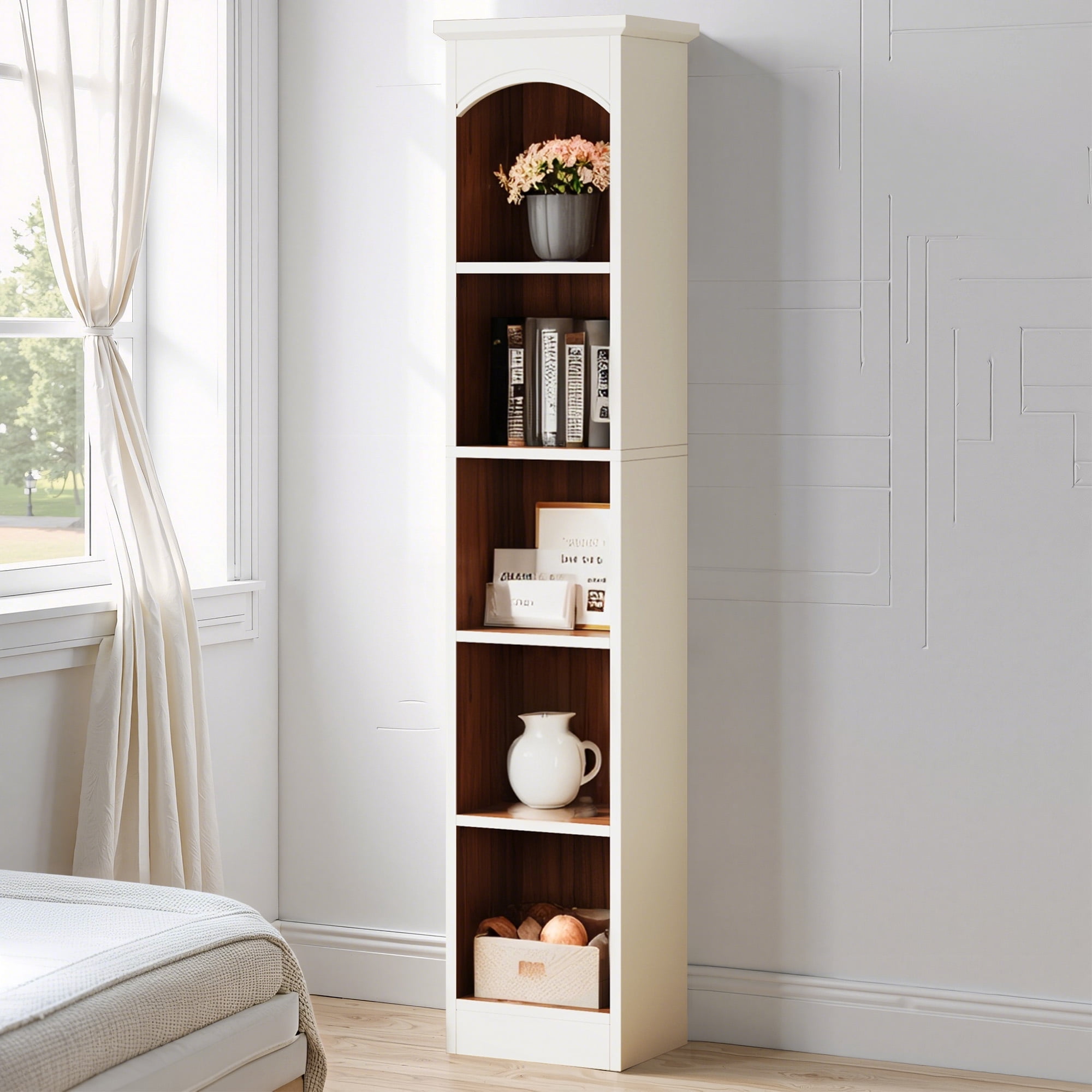 MAYEERTY Slim Narrow 5-Cube Corner Bookcase, 70.9" White Oak Mix Vertical Display Storage Rack