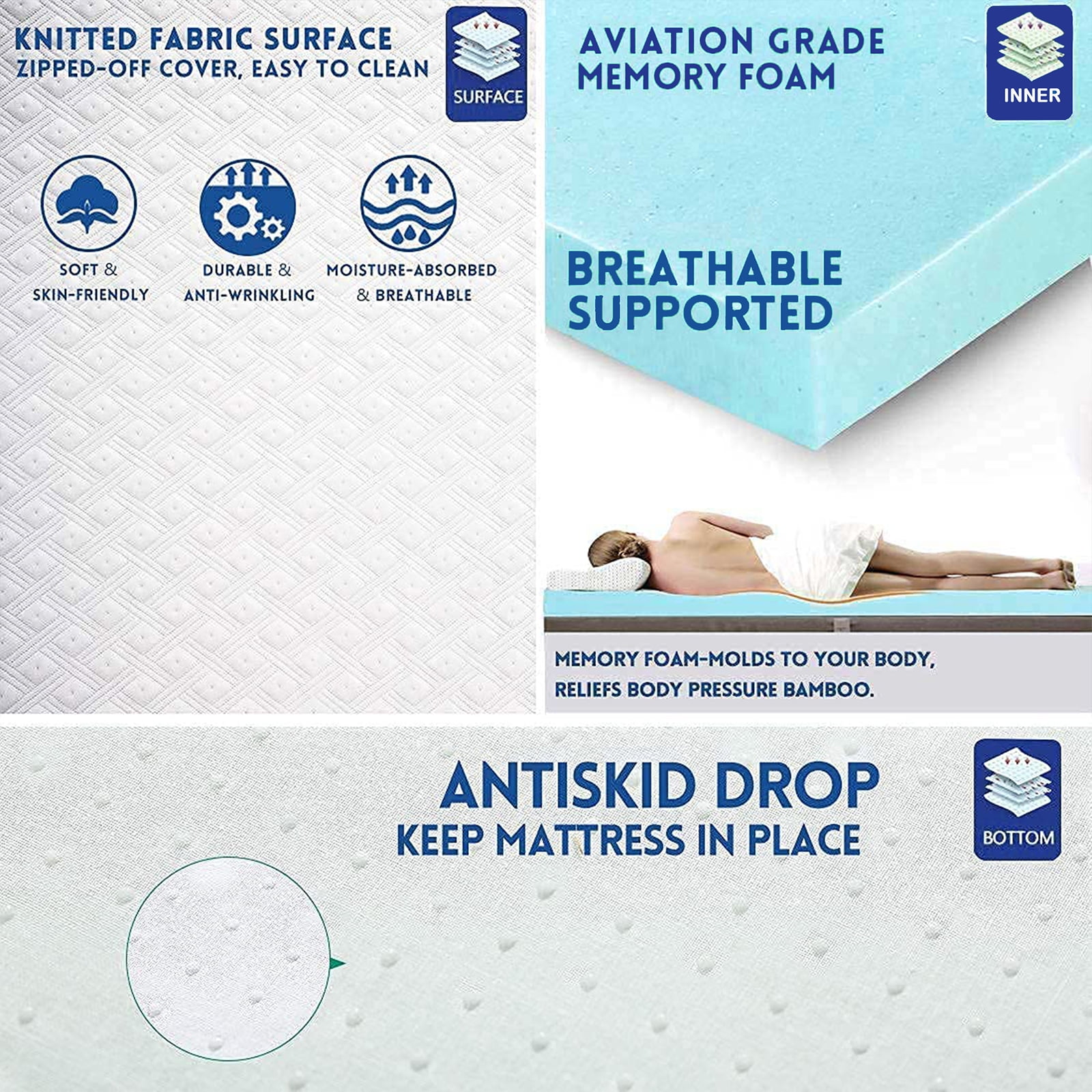 INGALIK 3 inch Gel Infused Memory Foam Mattress Topper, Queen, Cooling Bed Topper for Pressure Relief, CertiPUR-US Certified, White Removable Cover