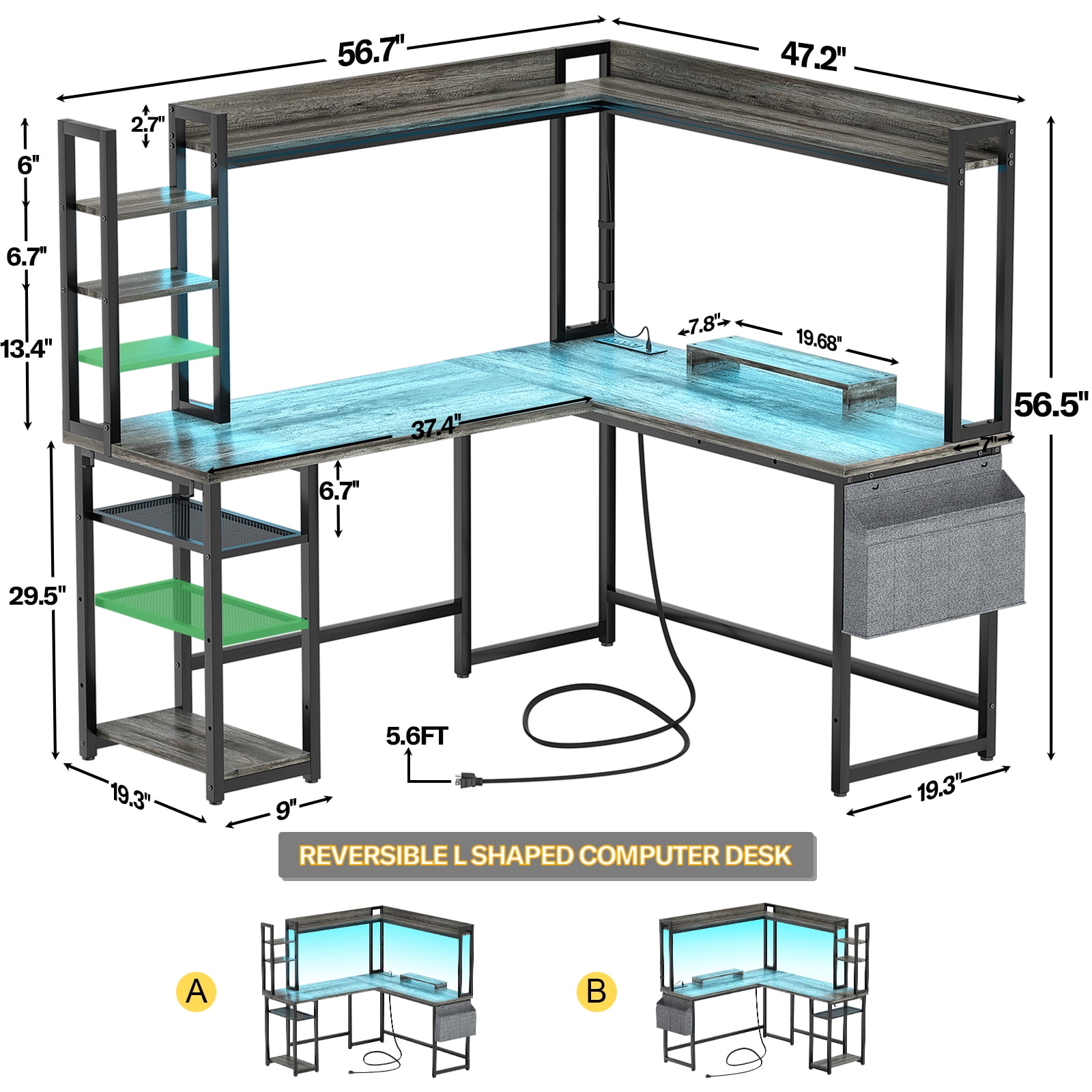 Homieasy L Shaped Desk with Power Outlet and LED lights, Reversible Corner Computer Desk with Hutch and Storage Shelf, Ergonomic L-Shaped Gaming Desk with Monitor Stand for Home Office, Black Oak