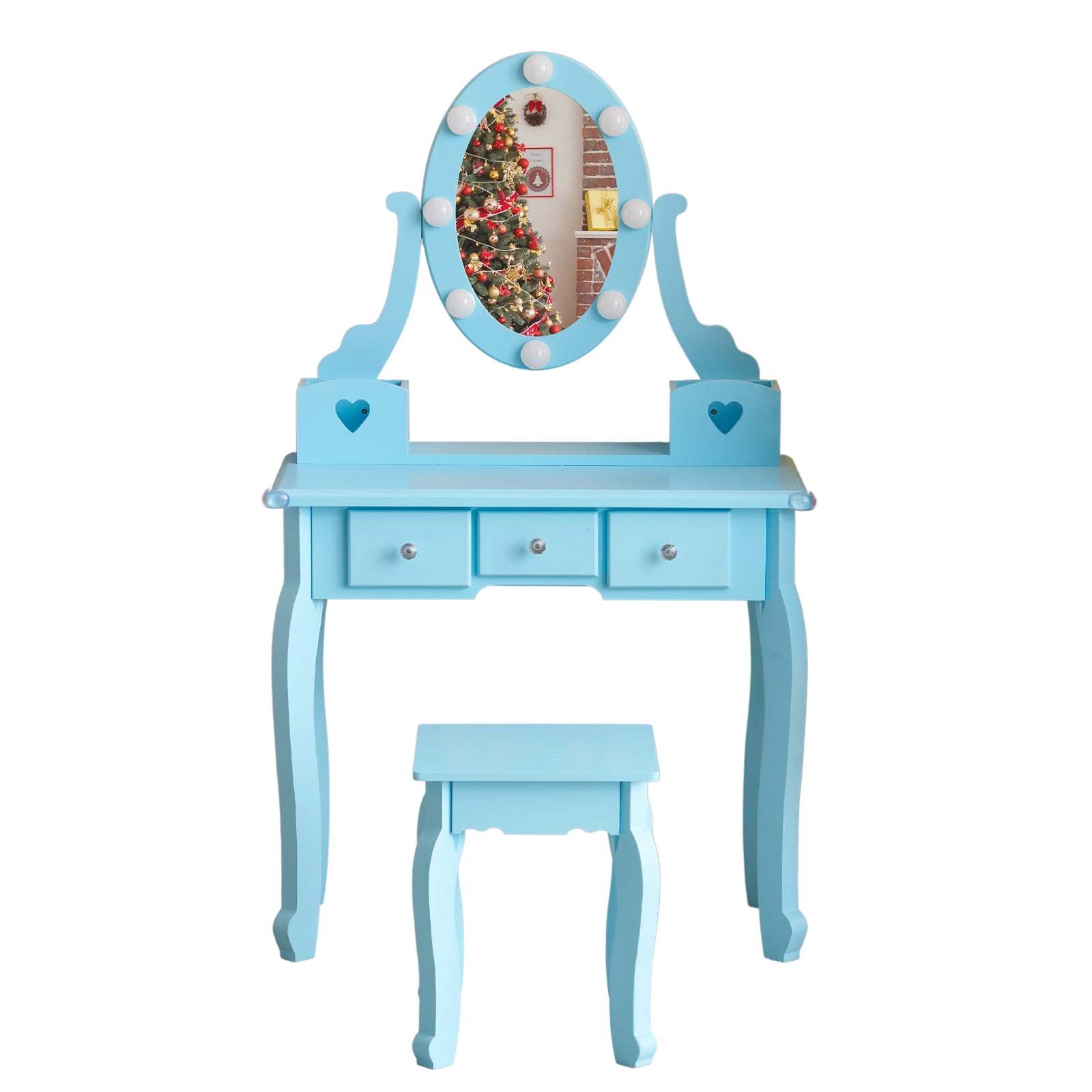 Kids Vanity Set with Mirror & Lights & Stool, 5 Storage Drawers, Pretend Play Princess Makeup Desk Dressing Table and Stool Set for Little Girls Age 3+, Macaroon Blue