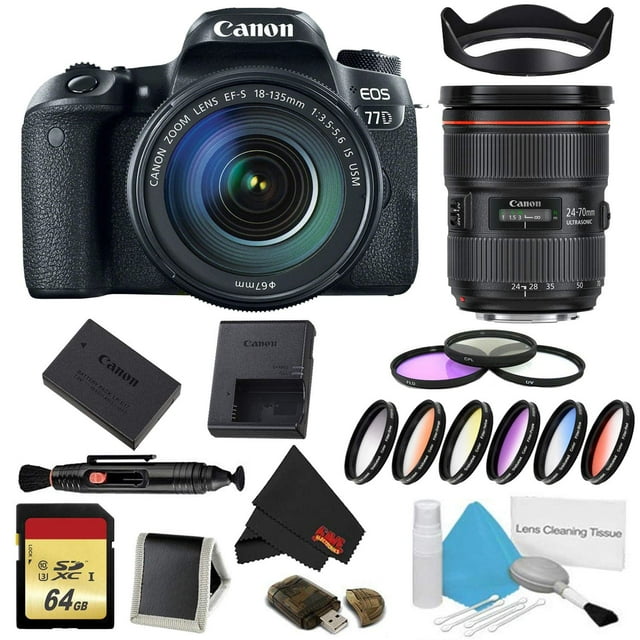 Canon EOS 77D DSLR Camera with 18-135mm Lens Bundle w/ 9 Piece Filter & Memory Kit + Bonus 24-70mm Lens (Intl Model)