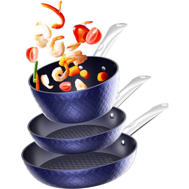 Non Stick 3 Pcs Blue 3D Diamond Pots/Pans Set 20/24cm Fry Pan 18cm