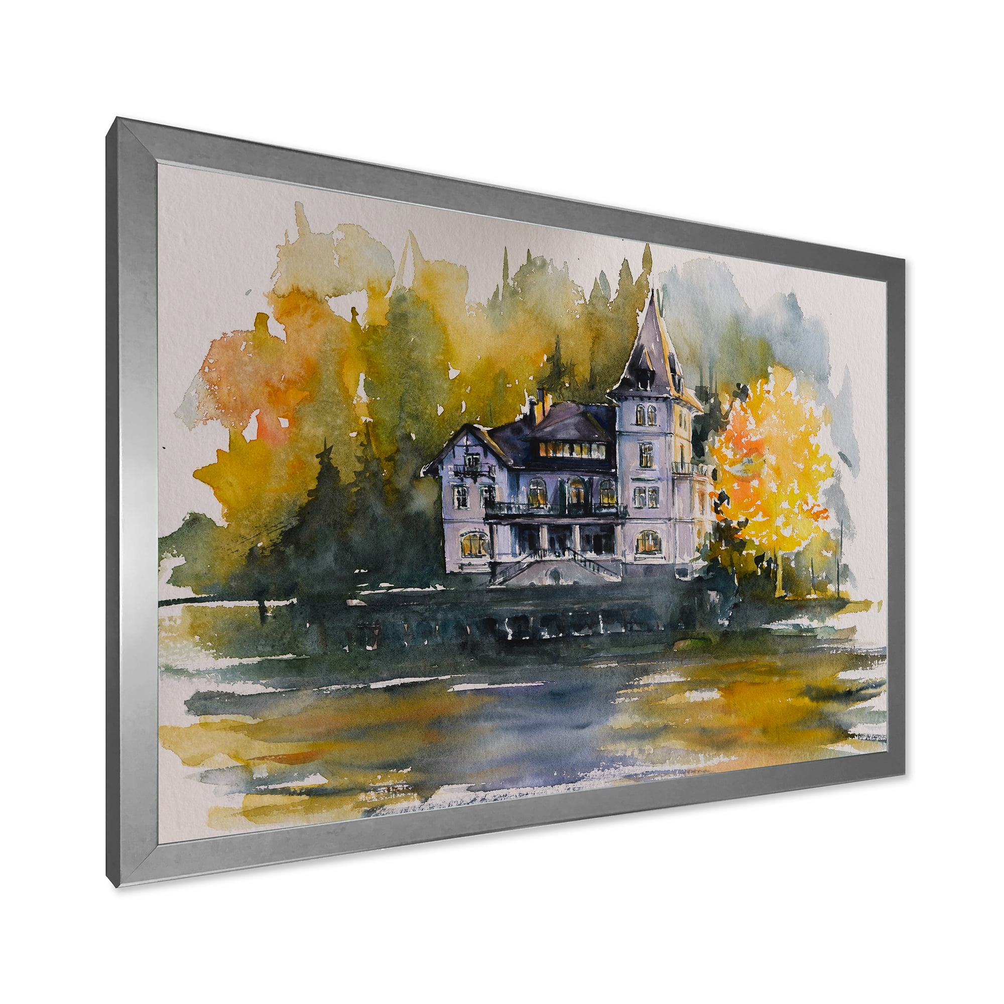 Designart 'Castle With Autumn Trees By The Lake' Lake House Framed Art Print