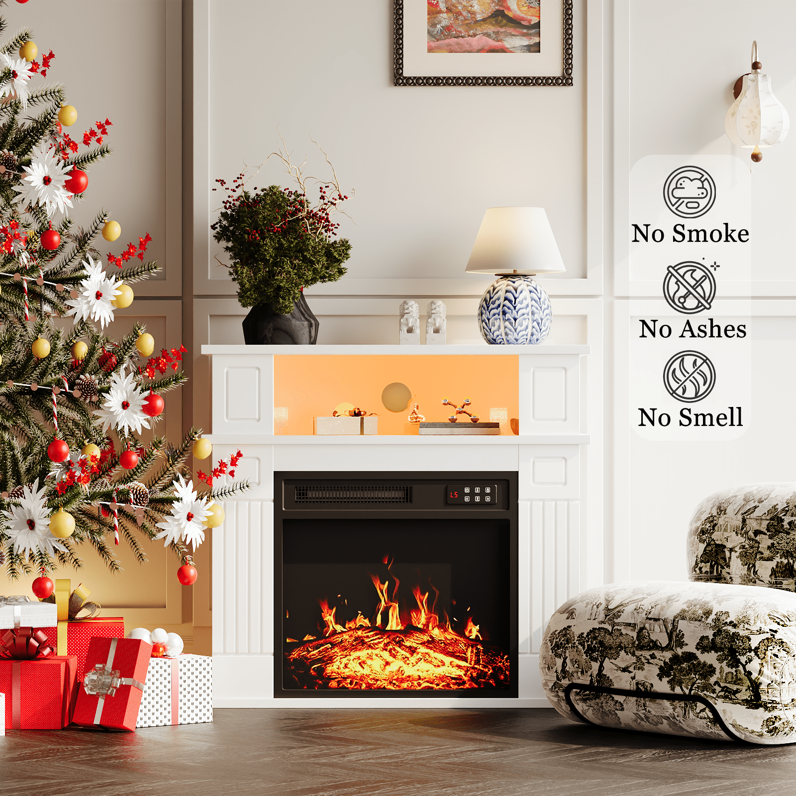 Waleaf 28" Electric Fireplace with Mantel Wooden Surround Freestanding Firebox for Living Room,White