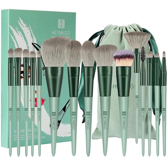DUAIU Set de 15 Pinceles de Maquillaje - Brochas Kabuki y Ojos Sintéticas Premium para Base, Rubor y Labios - Asa Cónica Verde con Bolsa de Felpa
