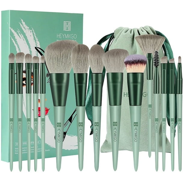 DUAIU Set de 15 Pinceles de Maquillaje - Brochas Kabuki y Ojos Sintéticas Premium para Base, Rubor y Labios - Asa Cónica Verde con Bolsa de Felpa